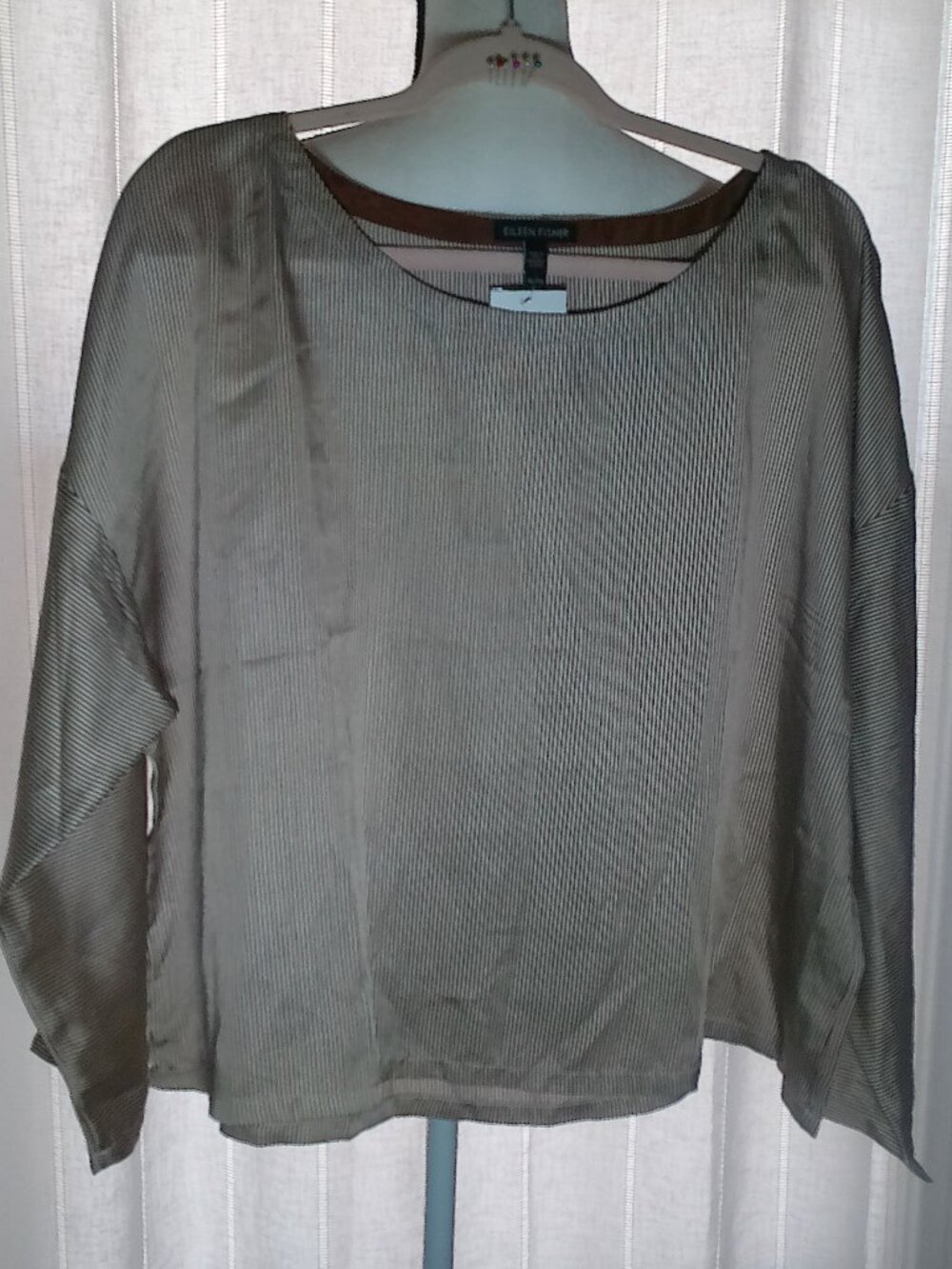 EILEEN FISHER Blouse Silk/Cotton Cream w/Brown Stripes NWT XL